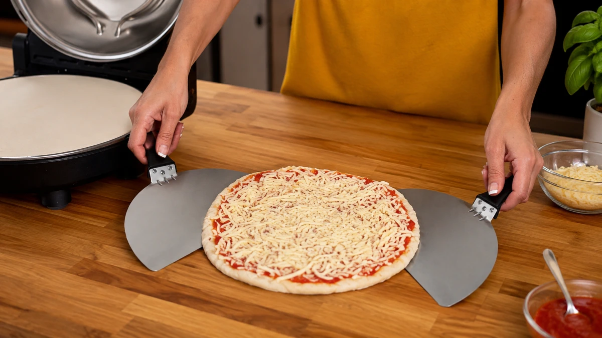 Dos palas de acero Extralink Home deslizándose bajo una pizza preparada.
