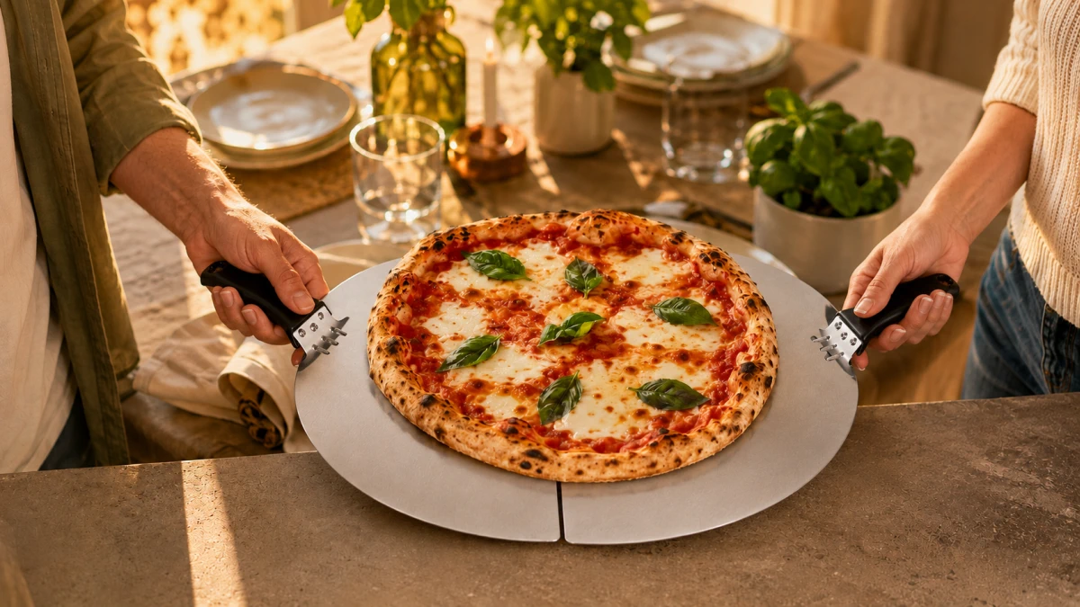 Dos personas transportando una pizza sobre las palas de acero Extralink Home.