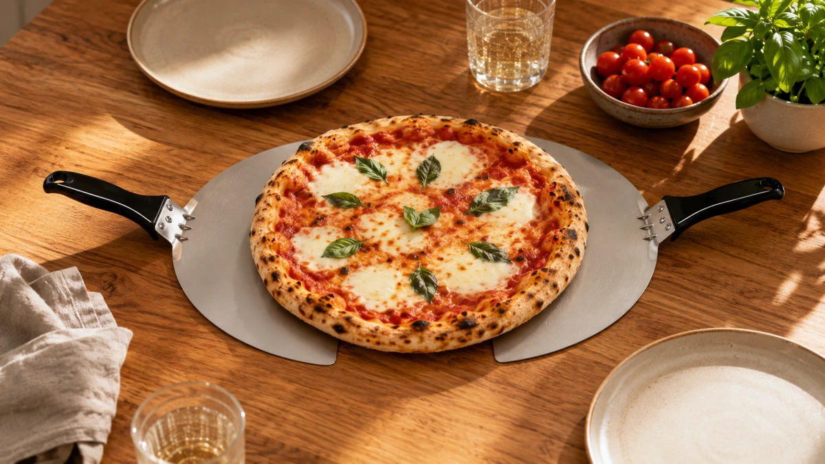 Pizza horneada servida sobre dos palas de acero Extralink Home.