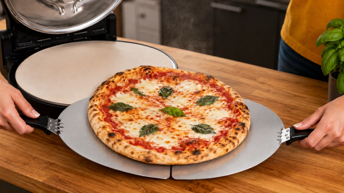Extracción de una pizza caliente del horno con dos palas Extralink Home.