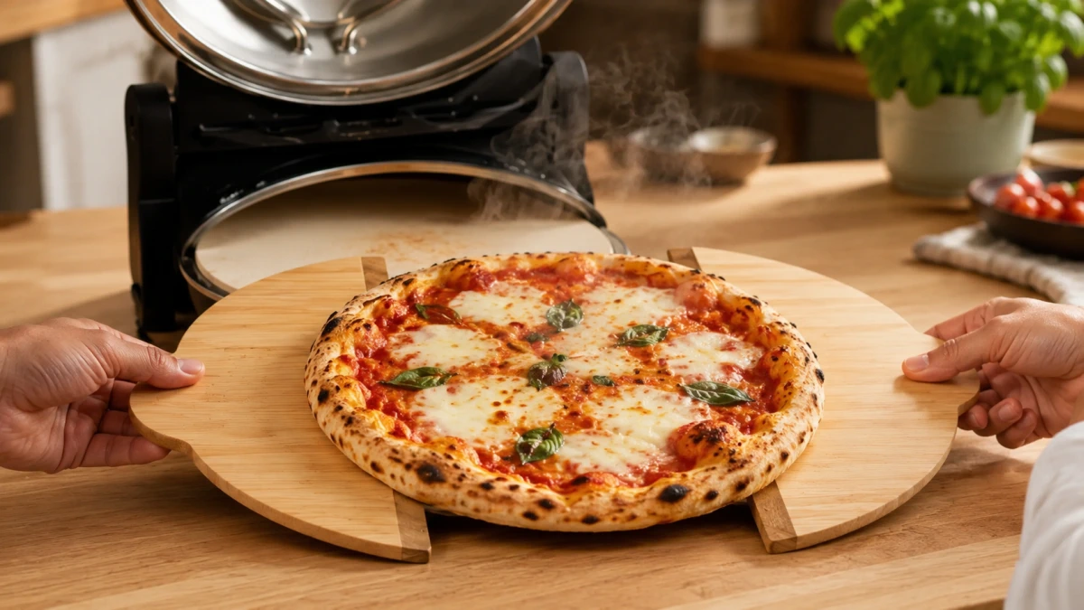 Borde afilado de la pala de bambú Extralink Home deslizándose bajo la pizza.
