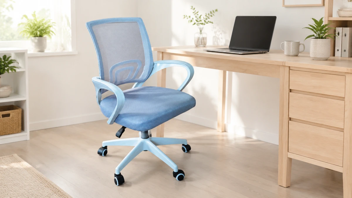 Silla de oficina Extralink Home de color gris claro colocada junto a un escritorio de madera.