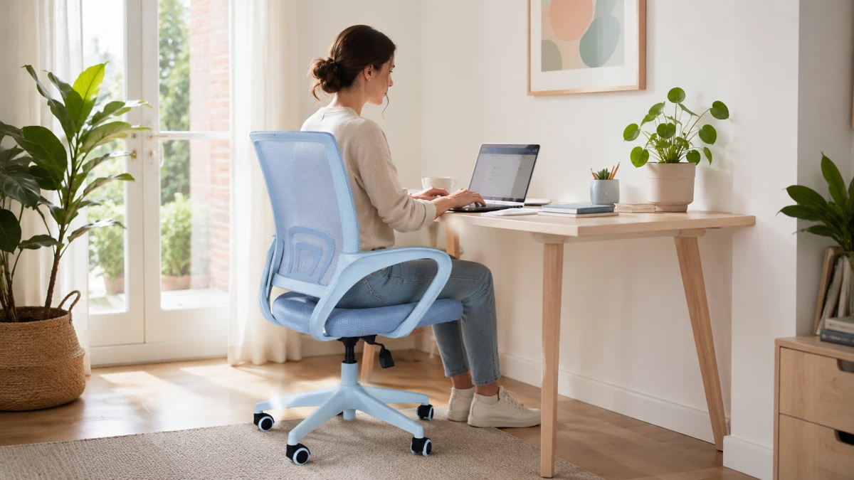 Mujer trabajando con un port&aacute;til en una silla de oficina Extralink Home de color gris claro.