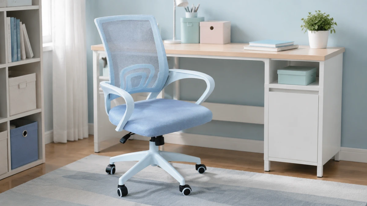 Silla giratoria Extralink Home de color gris claro junto a un escritorio en una oficina en casa.