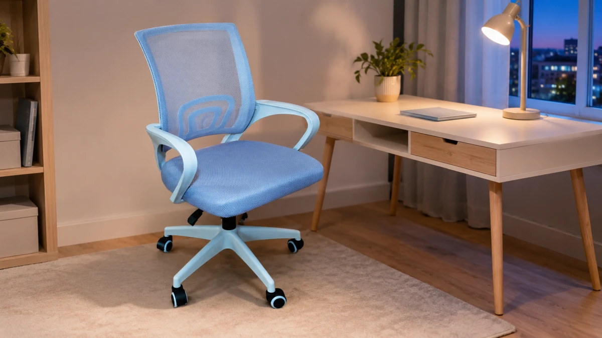 Silla de oficina Extralink Home de color gris claro colocada junto a un escritorio por la noche.