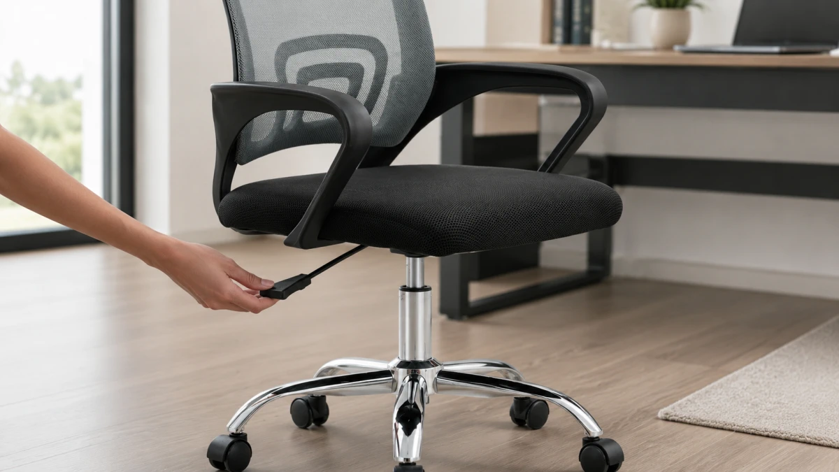 Ajuste de la altura del asiento de la silla de oficina negra Extralink Home mediante una palanca.