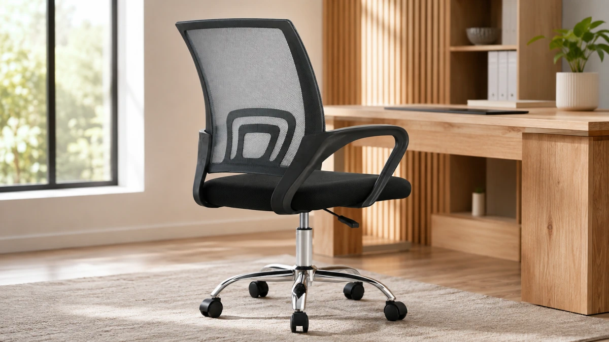 Silla de oficina Extralink Home con respaldo de malla y reposabrazos junto a un escritorio de madera.
