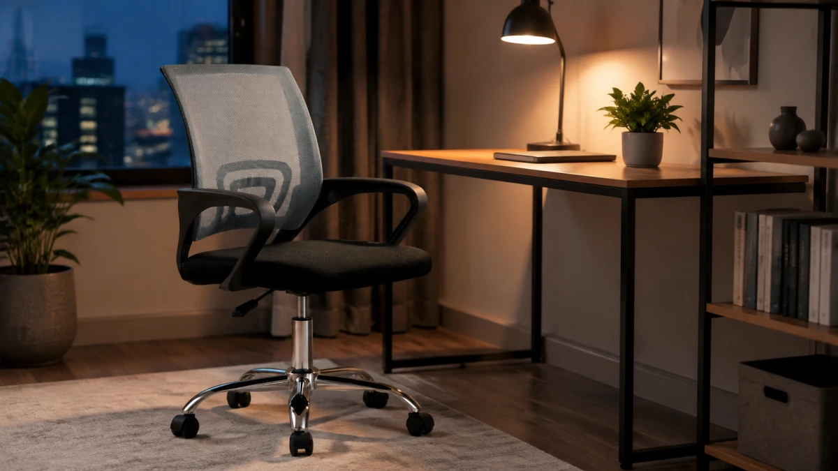 Silla de oficina Extralink Home colocada junto a un escritorio en un despacho dom&eacute;stico por la noche.