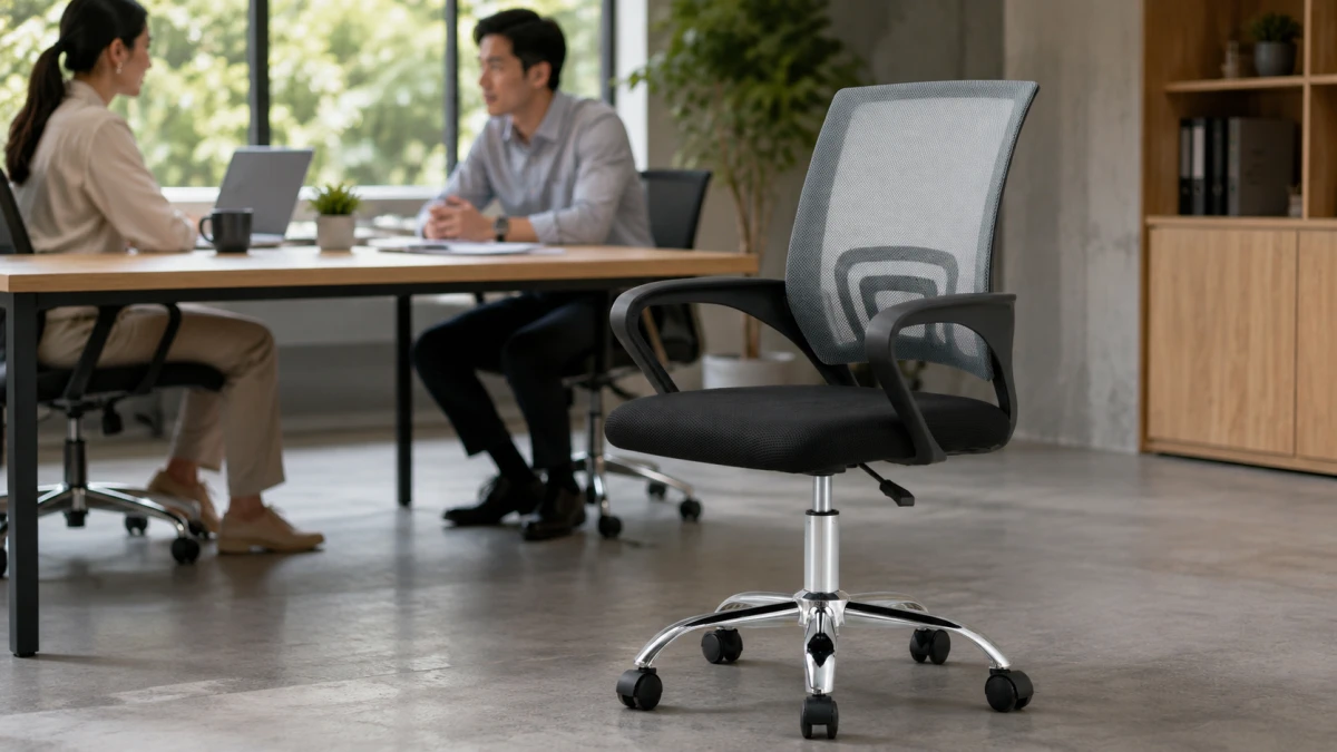 Silla giratoria Extralink Home colocada en un espacio de oficina con zona para reuniones.