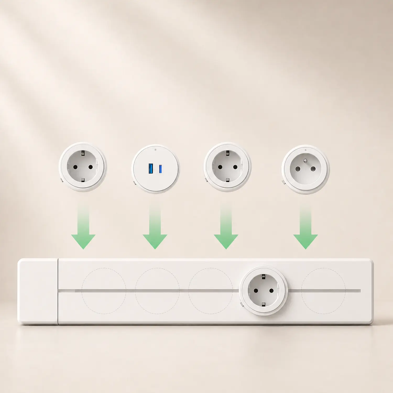 Modułowa listwa zasilająca z wymiennymi adapterami gniazdek i portów USB