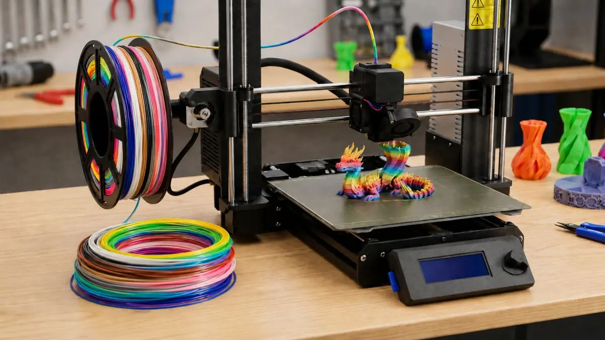 Wielokolorowy filament EXTRALINK PLA przy drukarce 3D drukującej kolorowy model smoka