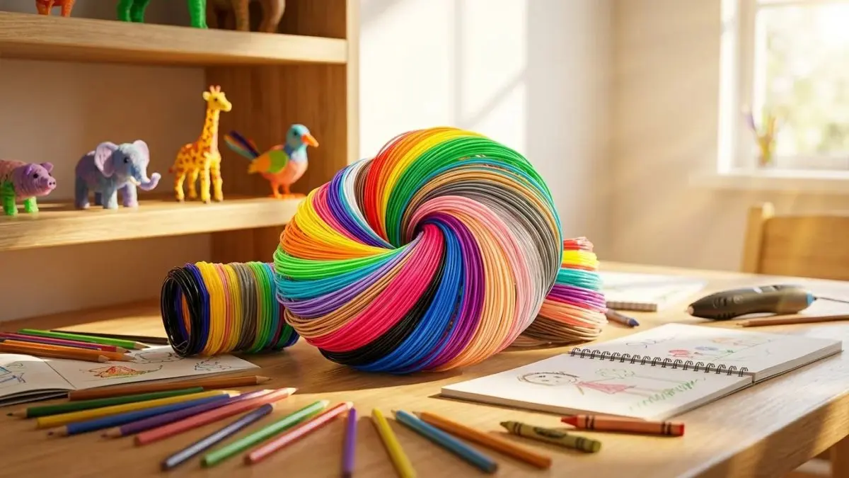 Wielokolorowy filament EXTRALINK PLA na biurku kreatywnym z rysunkami, kredkami i długopisem 3D