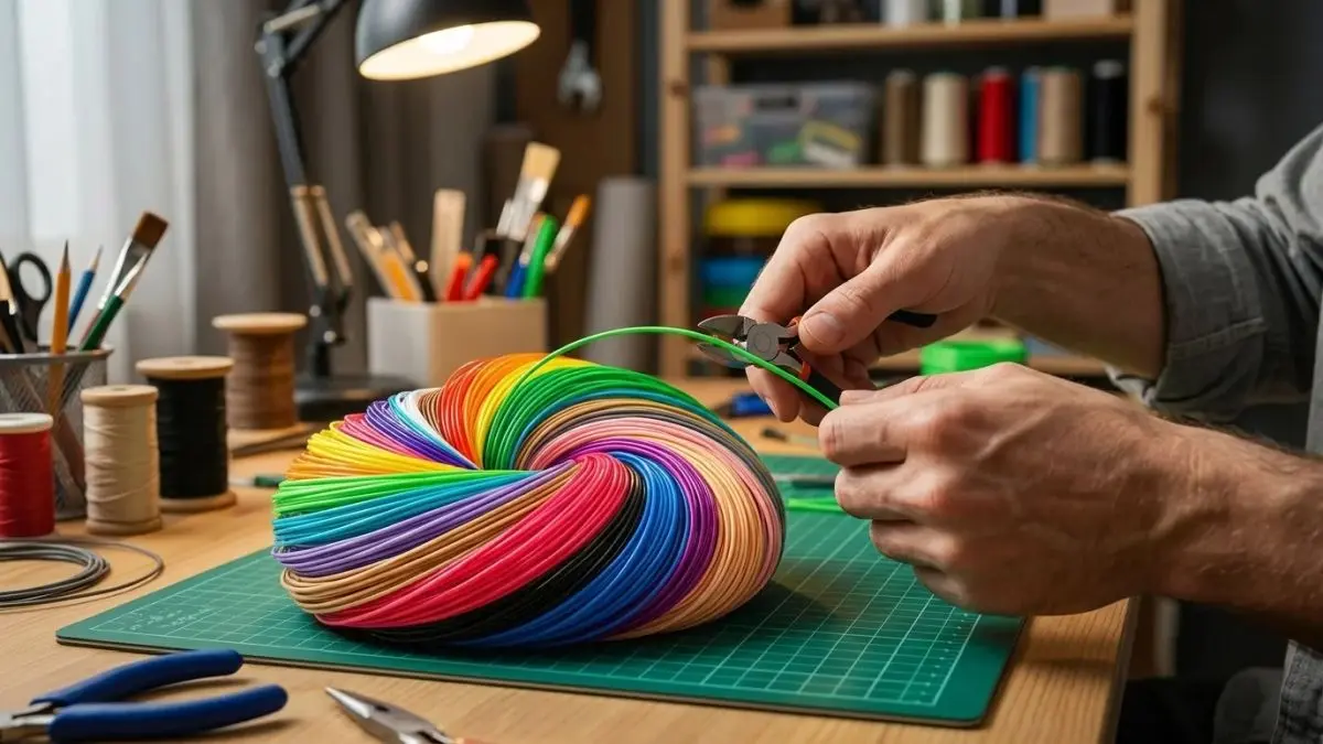 Wielokolorowy filament EXTRALINK PLA na macie roboczej podczas przycinania końcówki materiału do pracy kreatywnej