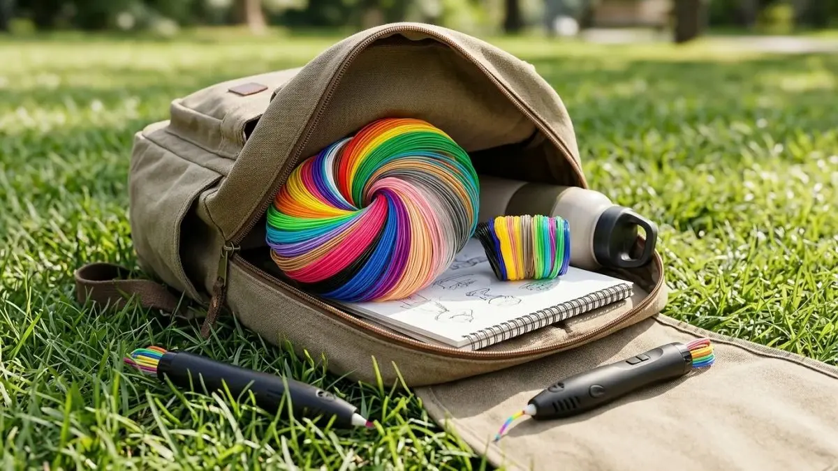 Wielokolorowy filament EXTRALINK PLA z długopisami 3D i szkicownikiem w otwartym plecaku na trawie