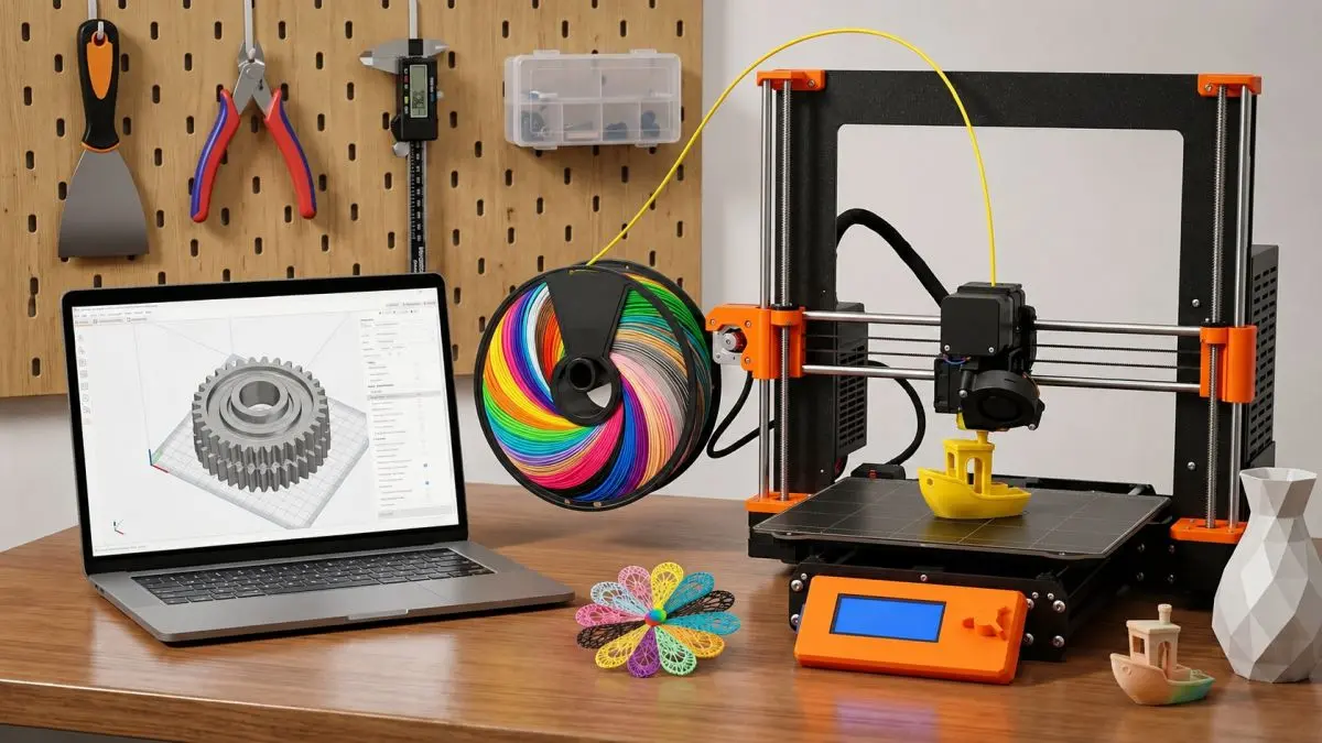 Wielokolorowy filament EXTRALINK PLA na stanowisku z drukarką 3D i laptopem z projektem modelu