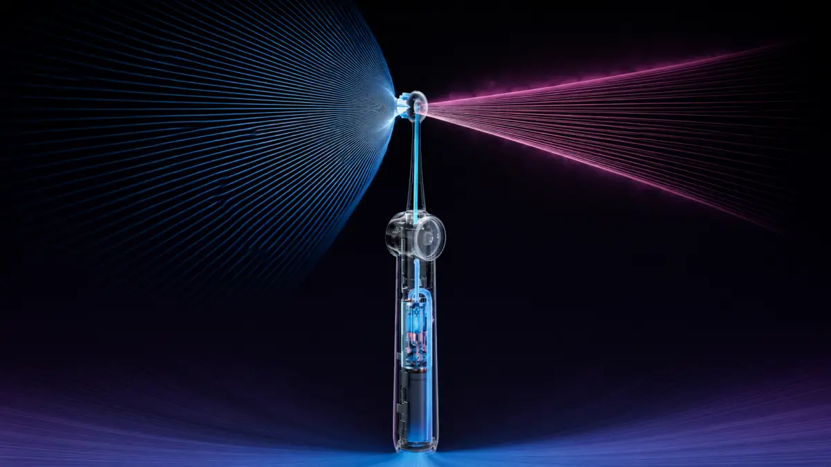 Querschnitt der RANVOO PH5 Bubble Zahnbürste mit Visualisierung der Schalltechnologie und des Wasserstrahls.