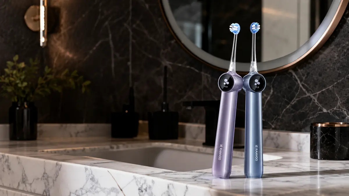 Zwei RANVOO PH5 Bubble Zahnbürsten im Badezimmer, eine lila und eine blaue Version.