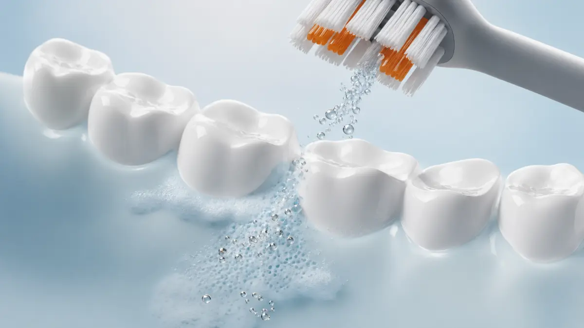 Ponta da escova RANVOO PH3 AirJet a limpar os dentes com um jato de microbolhas