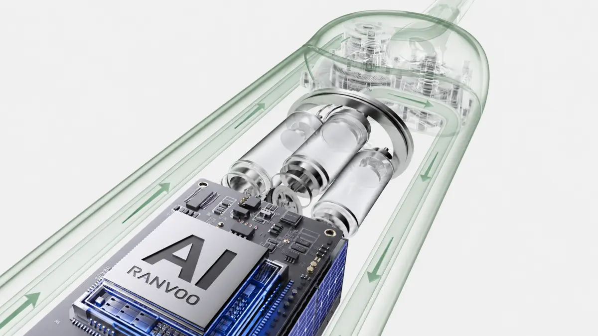 Схема технологии AI в зелёной щётке RANVOO PQ5 AirJet Pure