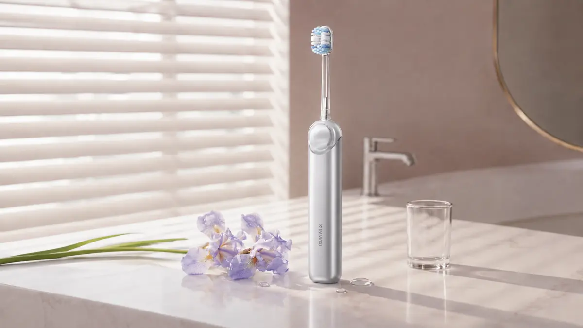 Cepillo eléctrico plateado RANVOO PQ5 AirJet Pure en el baño