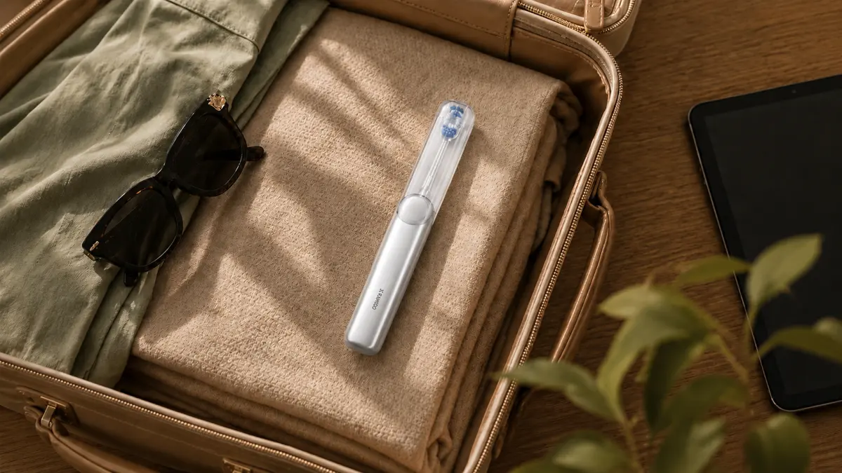Cepillo plateado RANVOO PQ5 AirJet Pure en un estuche de viaje