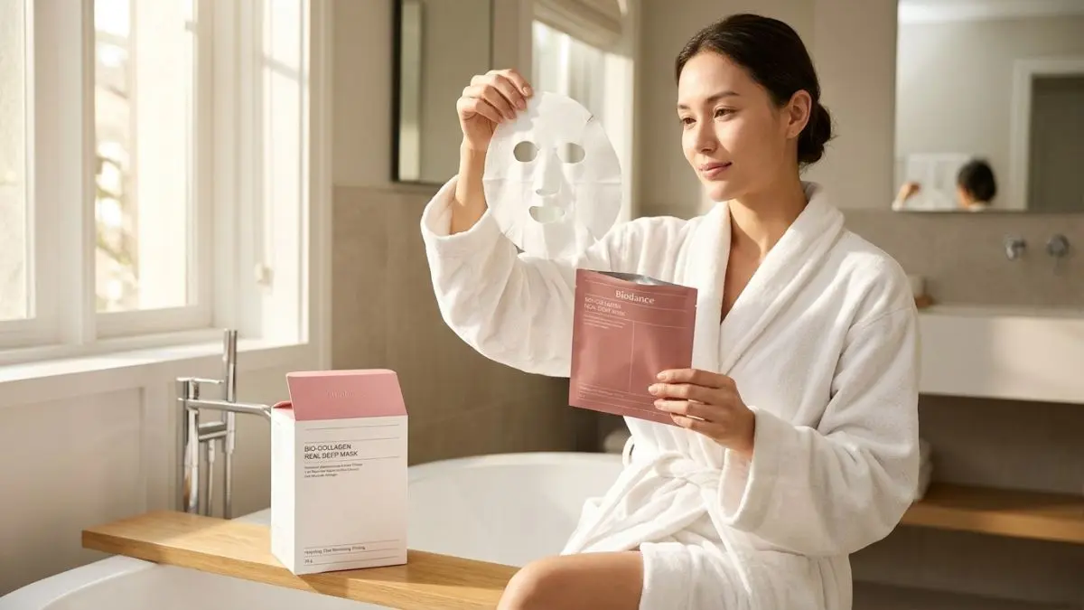 Osoba v županu vynd&aacute;vaj&iacute;c&iacute; masku Biodance Bio-Collagen Real Deep Mask před aplikac&iacute;