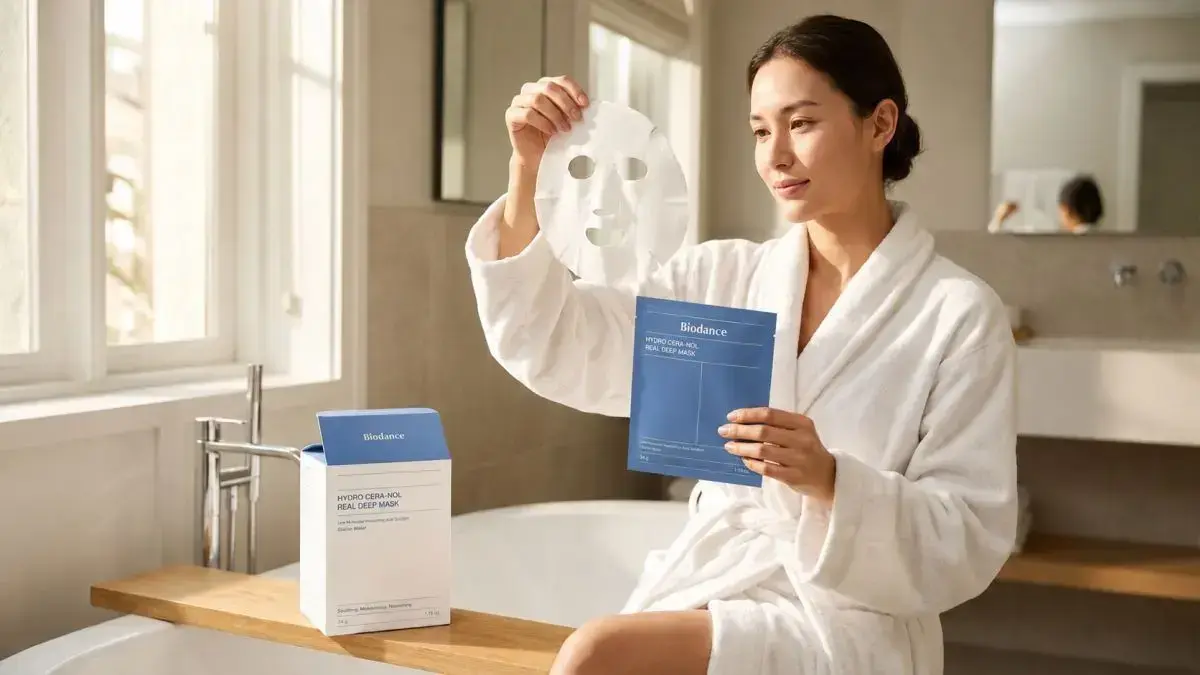 Человек в халате достает маску Biodance Hydro Cera-Nol Real Deep Mask перед нанесением