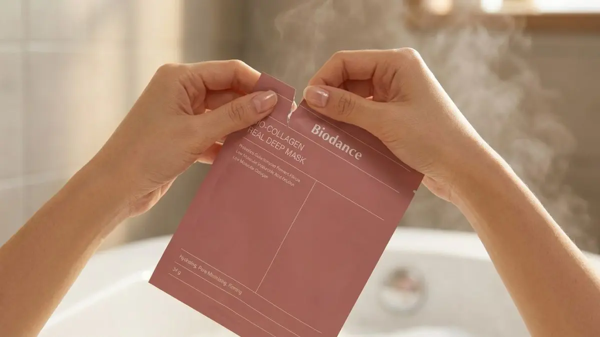 Hands opening the Biodance Bio-Collagen Real Deep Mask sachet during at-home skincare