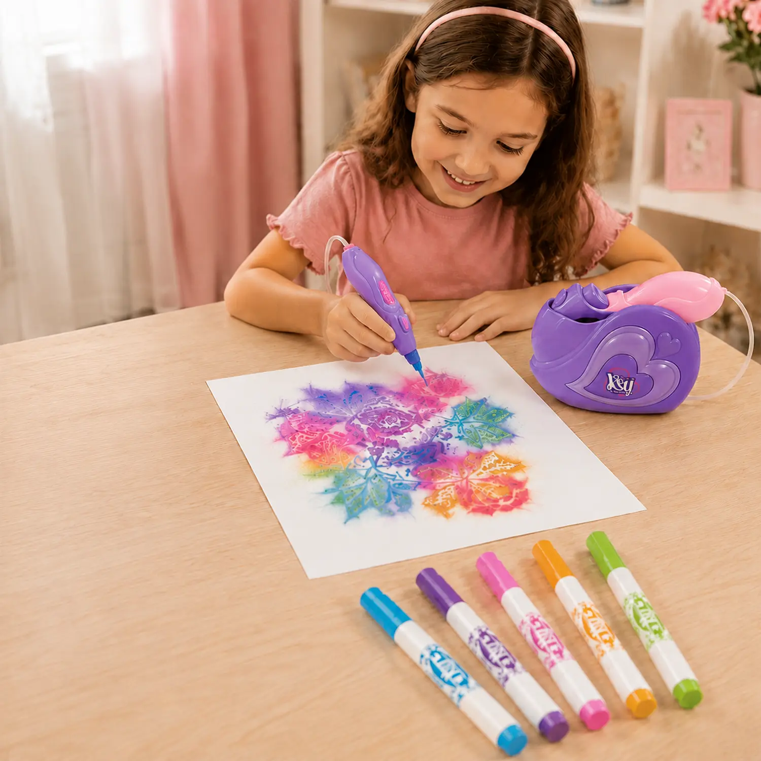 Mor bir airbrush kullanan kız &ccedil;ocuğu, beyaz bir k&acirc;ğıt &uuml;zerinde renkli bir desen oluşturuyor; yanında &ccedil;eşitli renklerde markerlar var