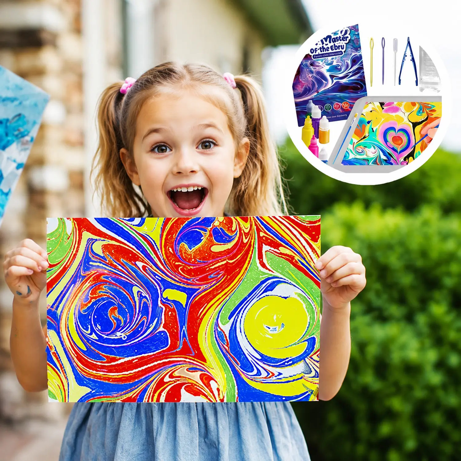 Menina mostra uma impressão colorida de ebru, ao fundo uma ilustração e elementos do conjunto para pintar na água