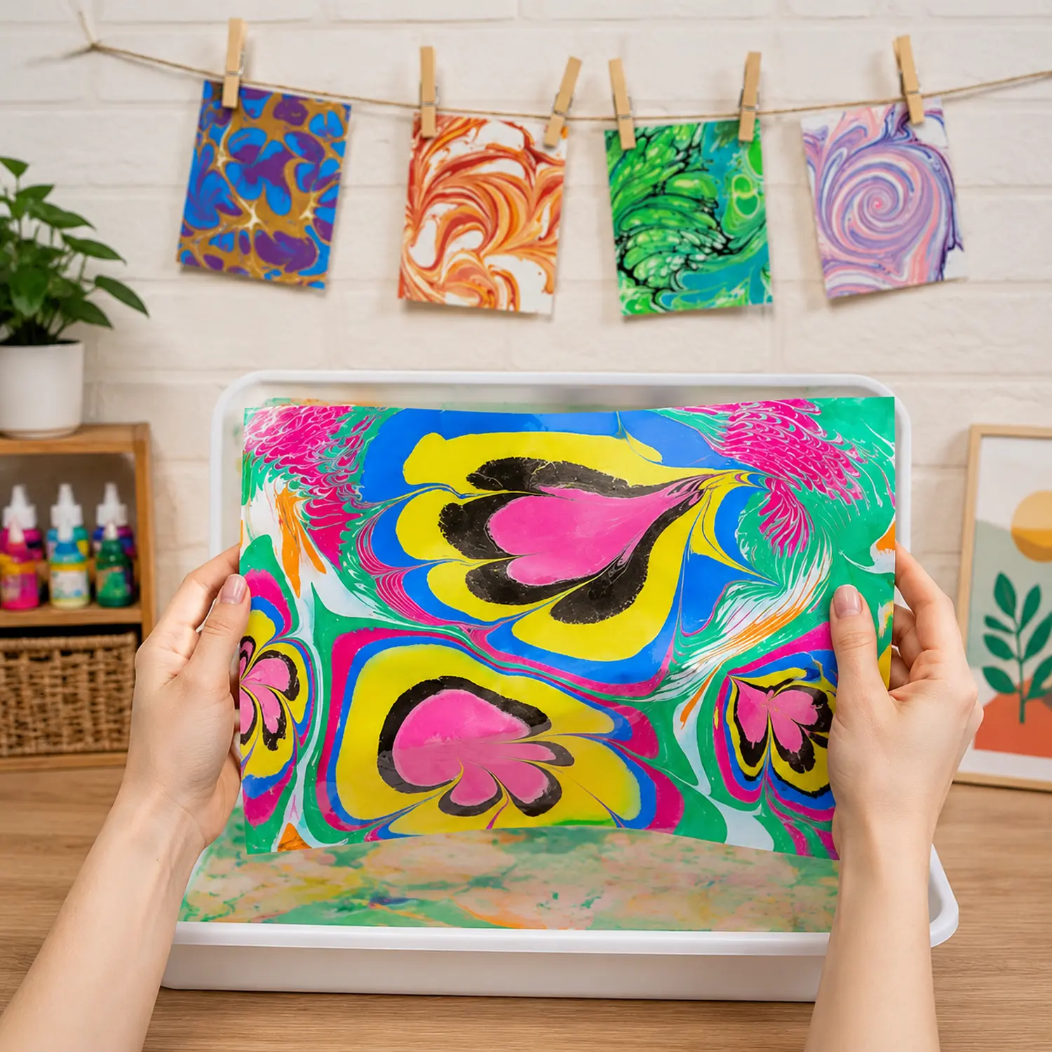 Trabalho colorido de ebru segurado nas mãos sobre a bandeja, ao fundo pequenas impressões presas a um cordão, tintas em frascos