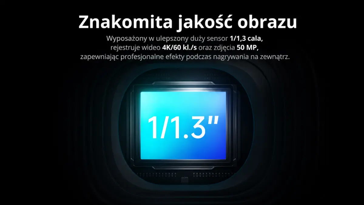 Zbliżenie na sensor kamery drona ATOM 3 1/1,3 cala, zdjęcia 50 MP, wideo 4K/60 kl./s.