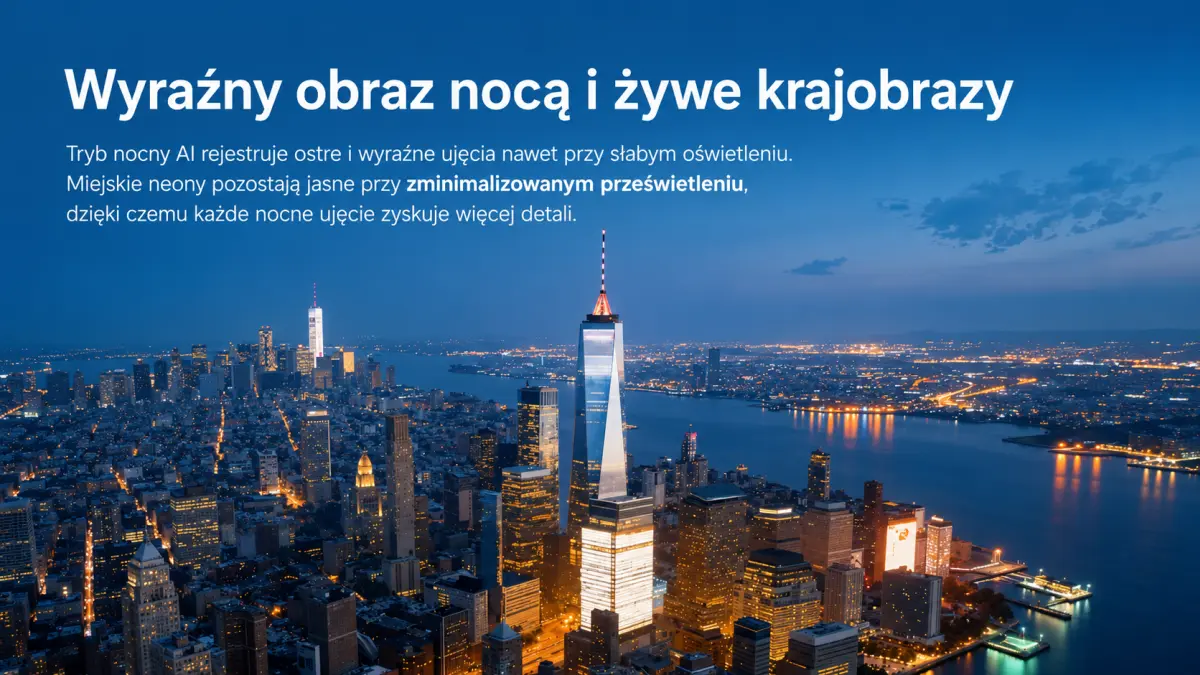 Nocne ujęcie miasta z drona ATOM 3, wyraźne detale i żywe kolory dzięki AI.