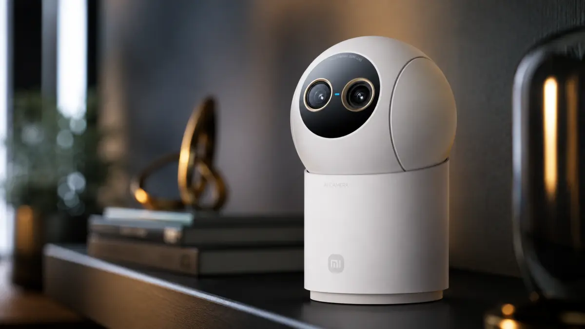 Белая поворотная домашняя камера Xiaomi, установленная на комоде в обустроенном интерьере.