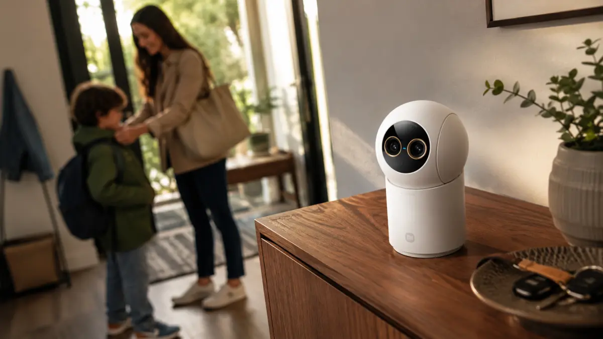 Камера Xiaomi на деревянной тумбе, а на заднем плане женщина помогает ребёнку надеть рюкзак.