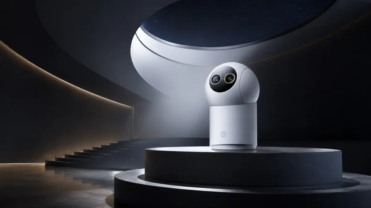 Белая камера Xiaomi, представленная на круглом подиуме в футуристическом тёмном интерьере.