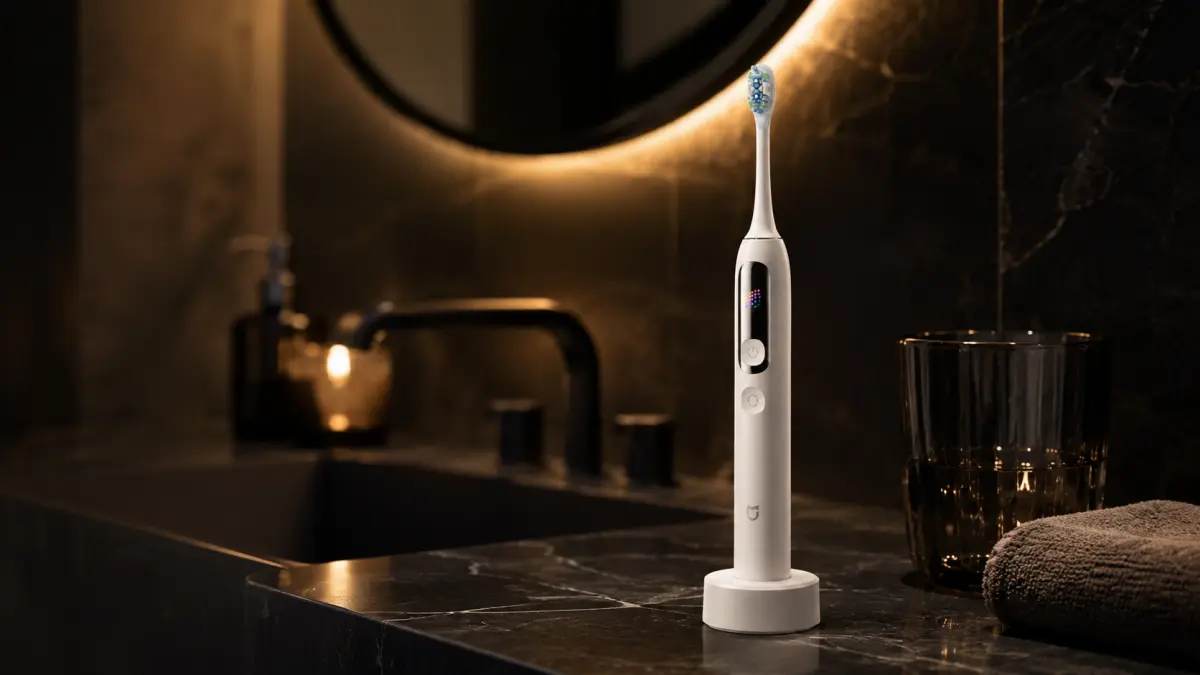 Cepillo s&oacute;nico blanco sobre una base de carga en un ba&ntilde;o oscuro con espejo iluminado.