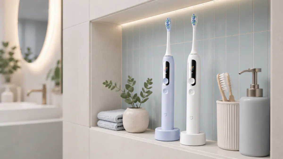 Cepillos s&oacute;nicos azul y blanco sobre bases en un nicho de ba&ntilde;o.