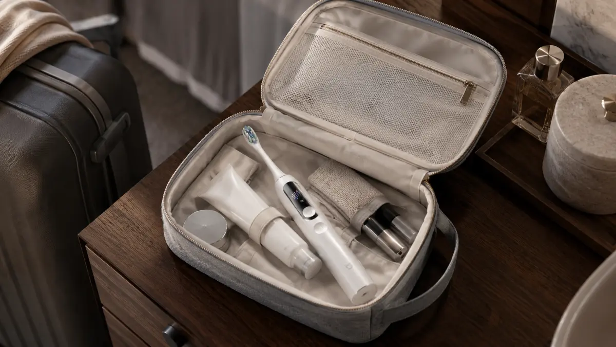 Cepillo s&oacute;nico blanco y cosm&eacute;ticos empaquetados en un neceser de viaje abierto.