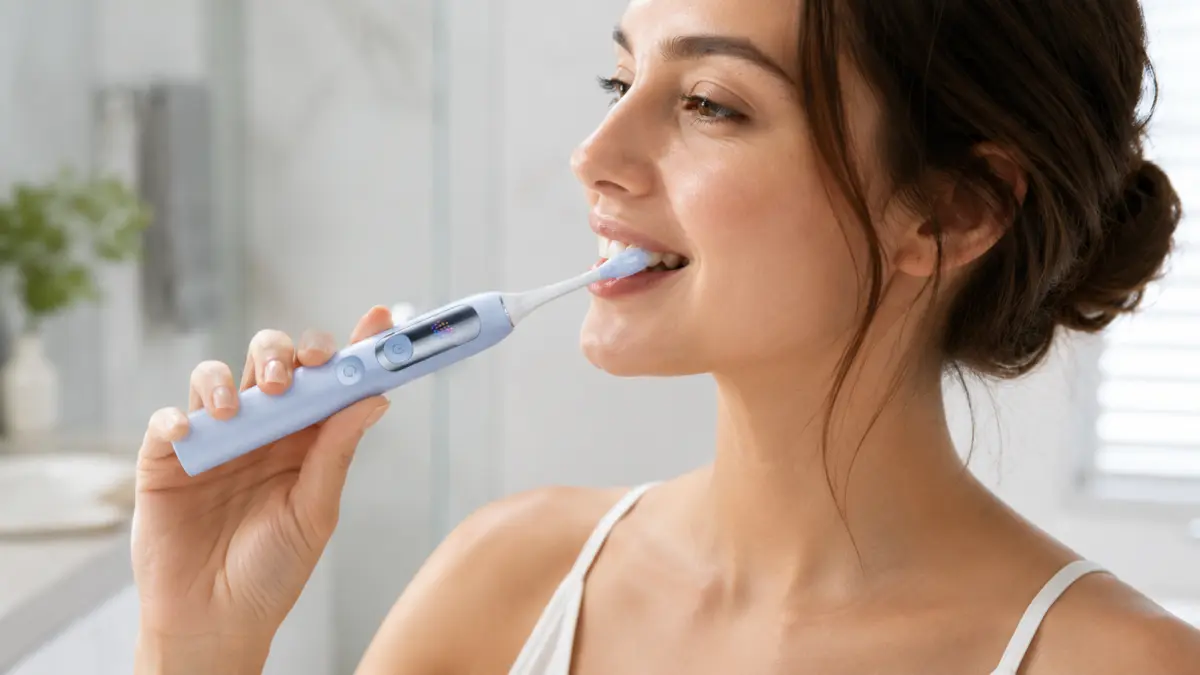Mujer cepill&aacute;ndose los dientes con un cepillo s&oacute;nico azul en un ba&ntilde;o luminoso.