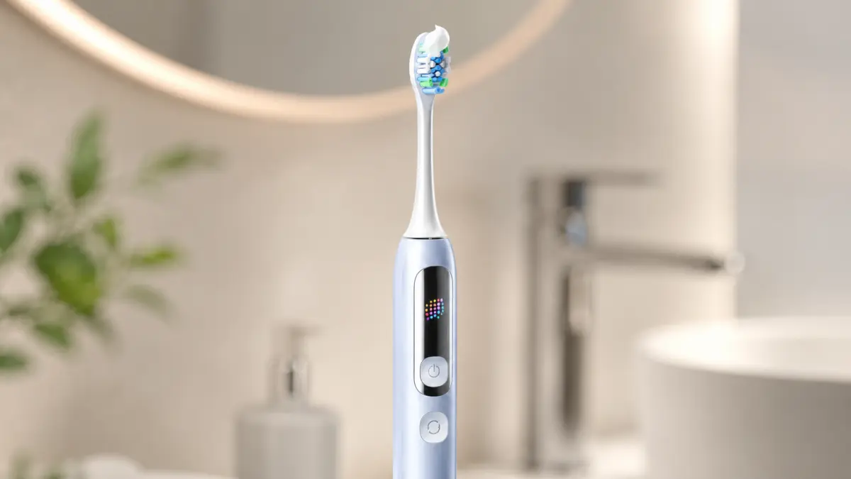 Primer plano de un cepillo s&oacute;nico azul con pasta en las cerdas sobre un fondo de ba&ntilde;o.