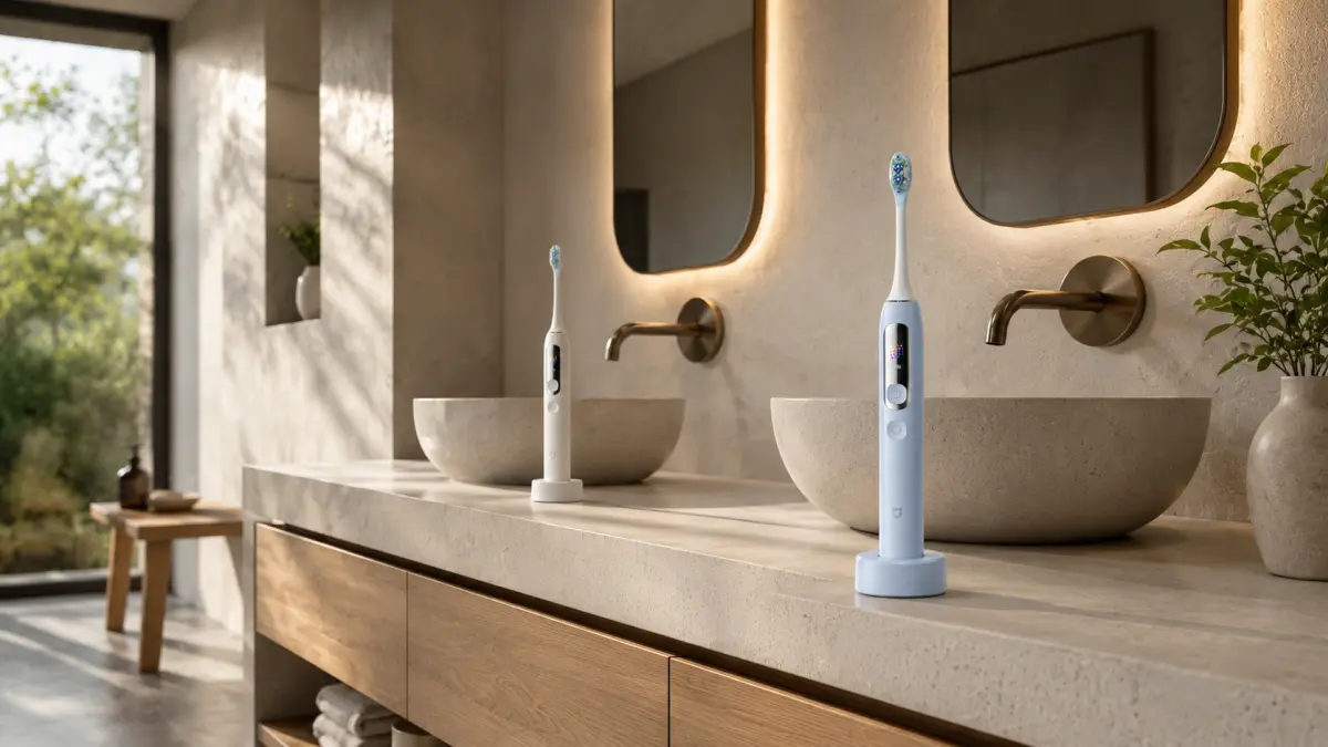 Dos cepillos s&oacute;nicos sobre bases junto a un lavabo doble en un ba&ntilde;o elegante.