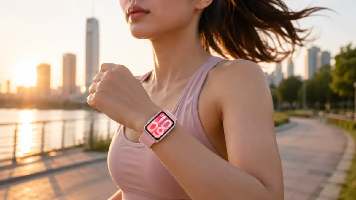 Mulher a correr junto à água ao pôr do sol, com um smartwatch cor-de-rosa no pulso.