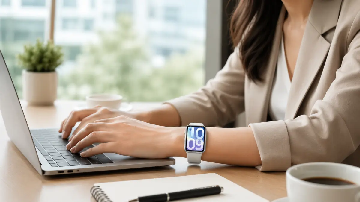 Mulher a trabalhar num portátil no escritório, com um smartwatch branco no pulso.