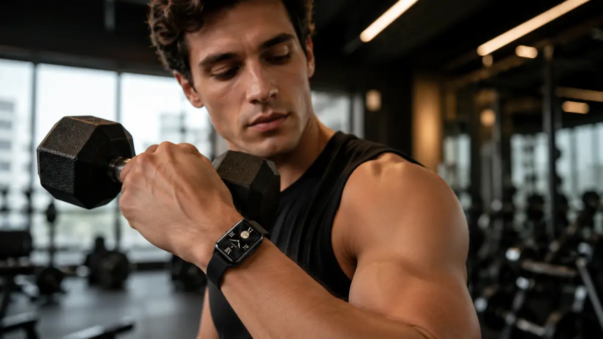 Homem a treinar com um haltere no ginásio, com um smartwatch preto no pulso.