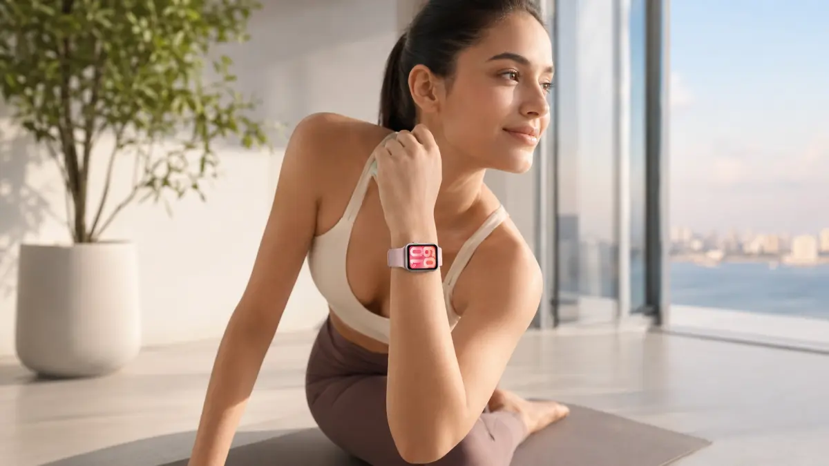 Mulher a praticar ioga num interior luminoso, com um smartwatch cor-de-rosa no pulso.