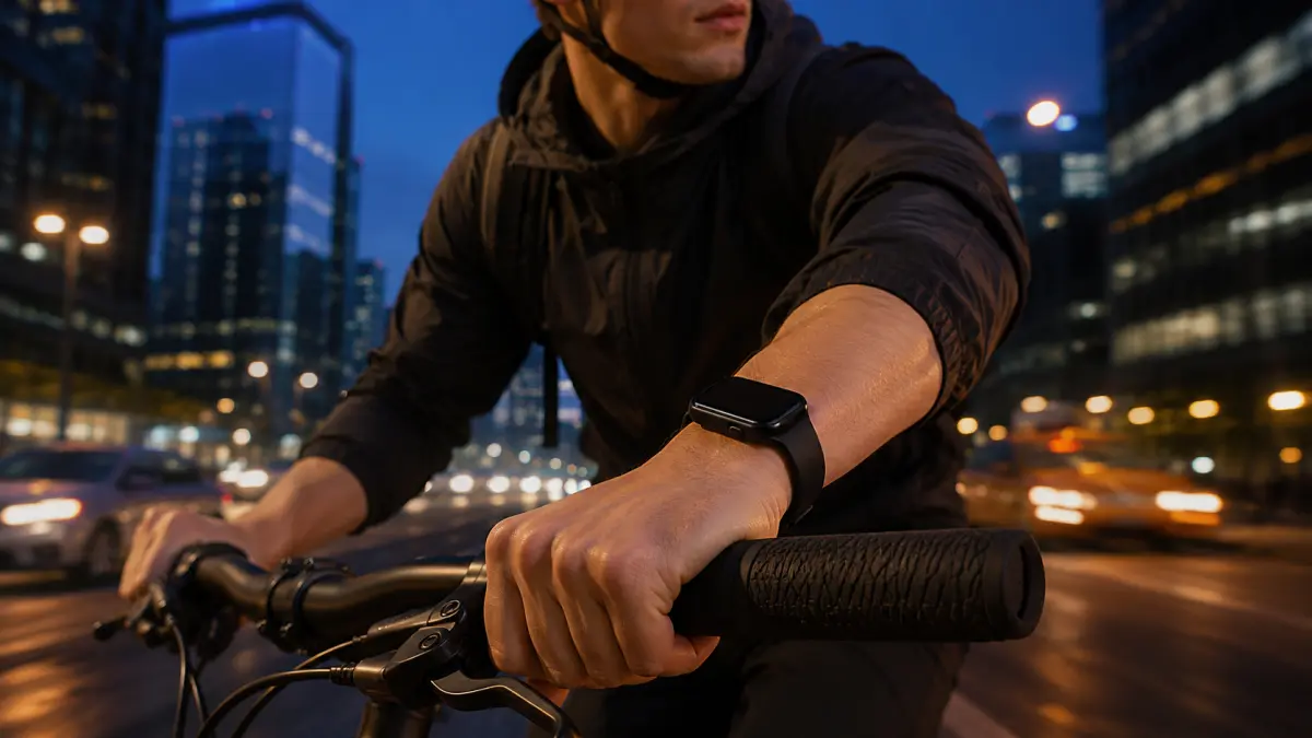 Homem a andar de bicicleta à noite na cidade, com um smartwatch preto no pulso.