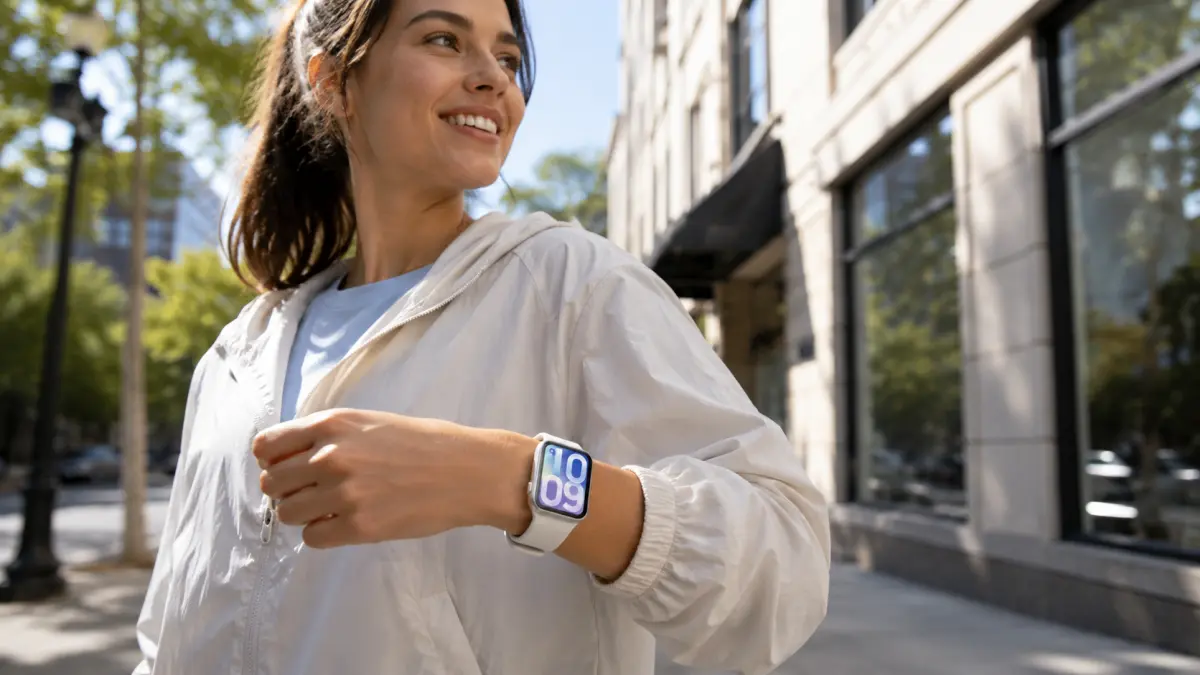 Mulher a caminhar pela cidade com um smartwatch branco no pulso.