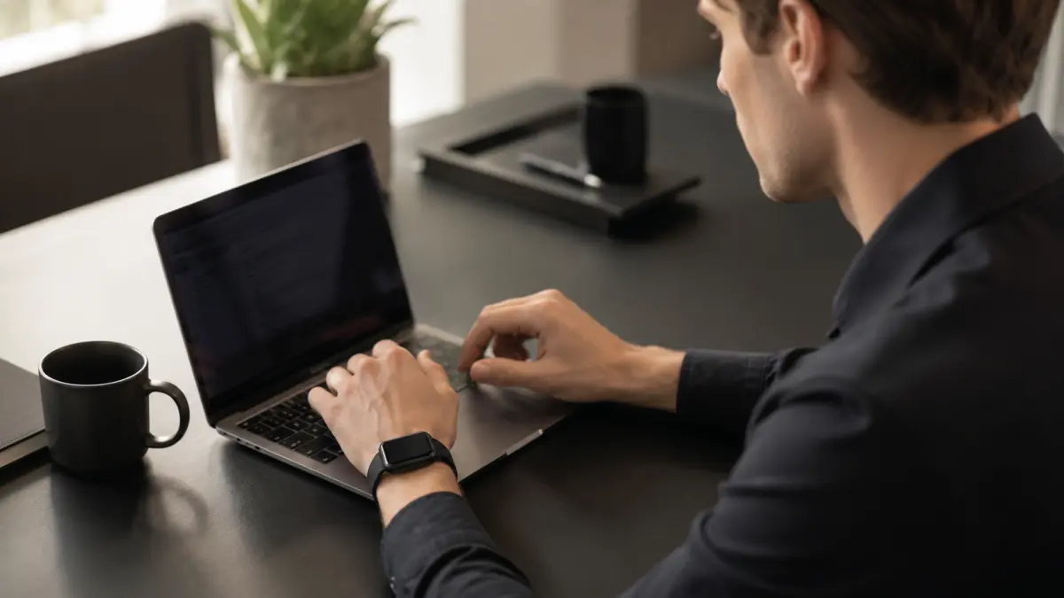 Homem a trabalhar no portátil com um smartwatch preto no pulso.