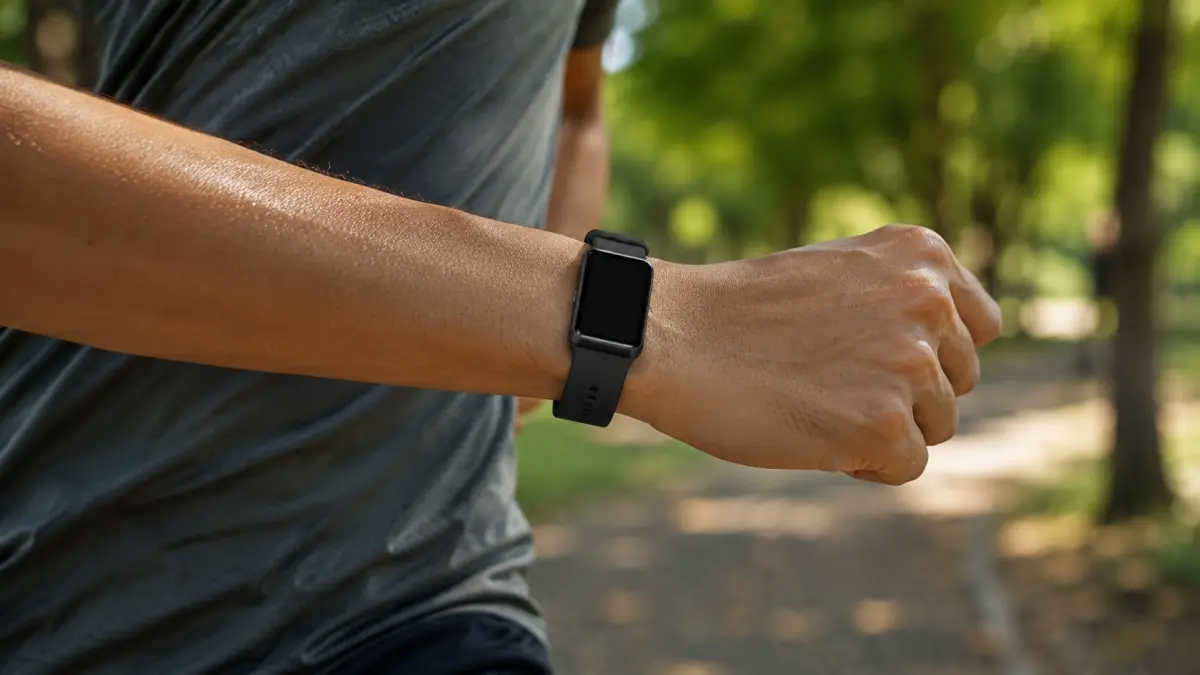 Close-up de um braço de corredor com um smartwatch preto durante o treino no parque.